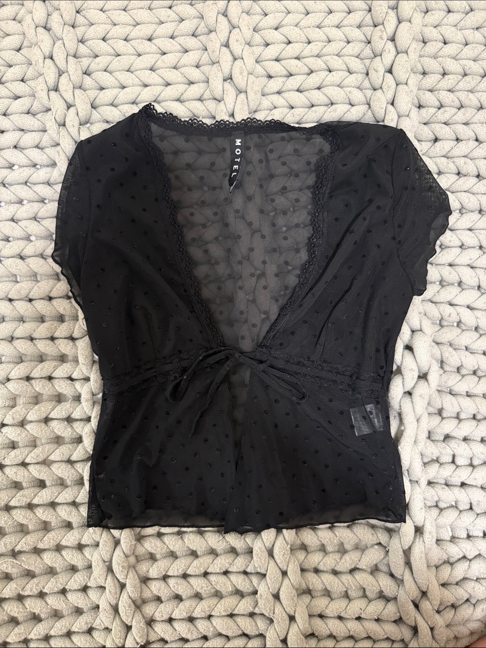 Motel Rocks Black Sheer Polka Dot Tie-Front Camisole